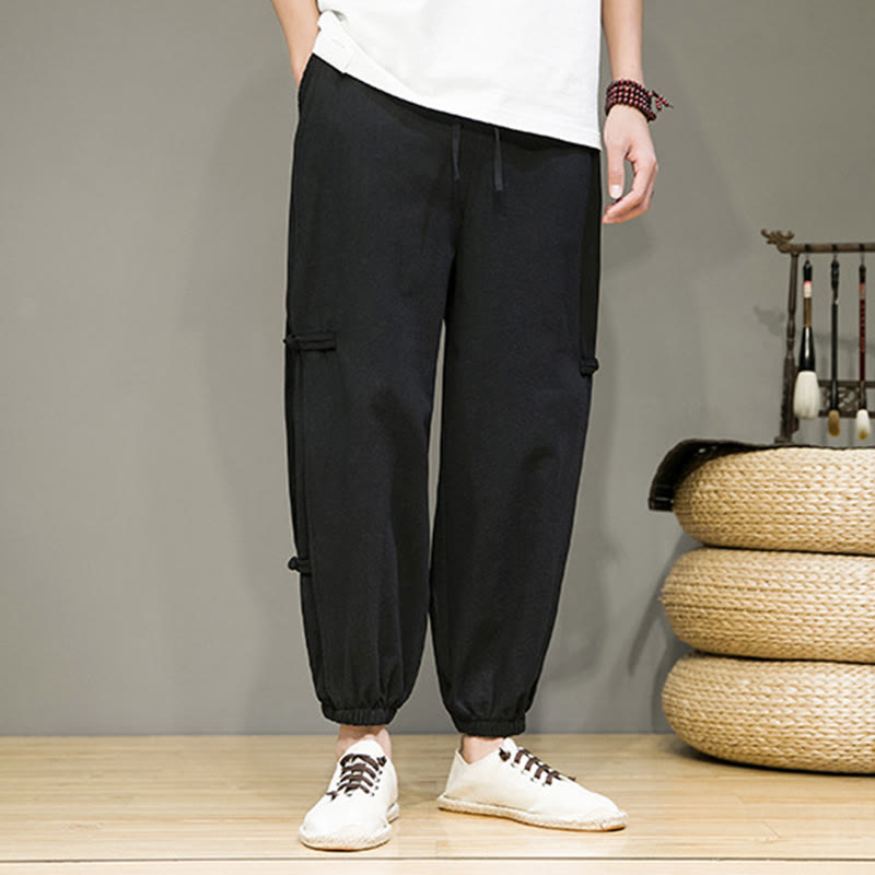 Pantaloni harem da uomo in cotone e lino con tasche, modello Buddha Stones, vintage, con coulisse e bottoni cinesi a forma di rana. - image 11