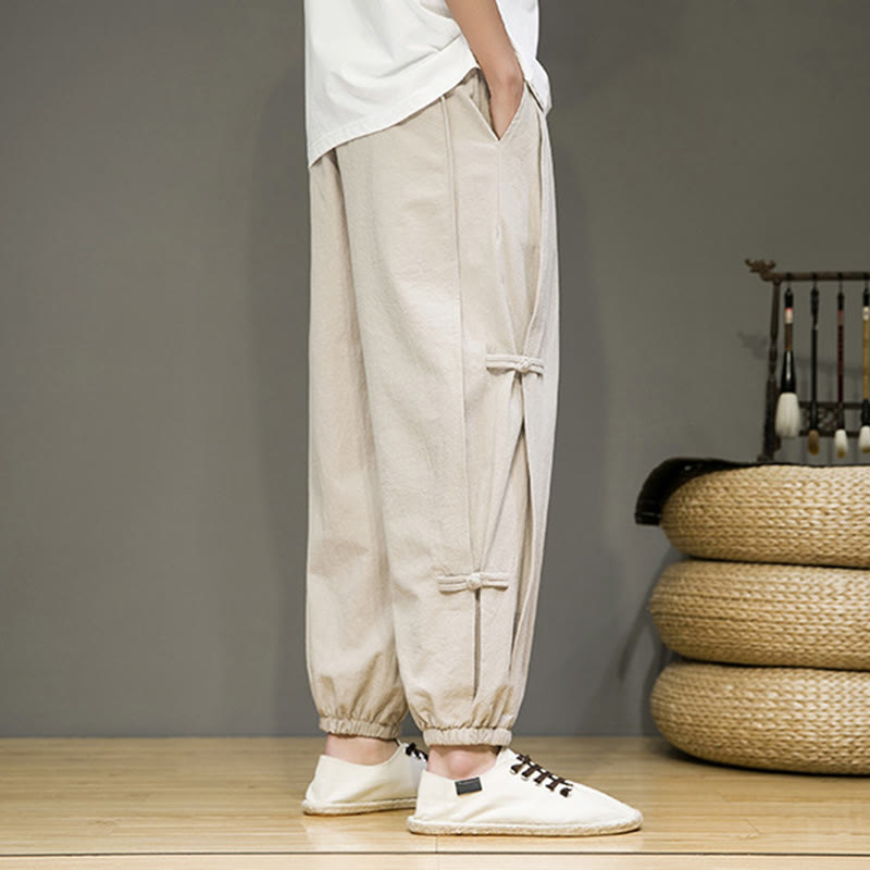 Pantaloni harem da uomo in cotone e lino con tasche, modello Buddha Stones, vintage, con coulisse e bottoni cinesi a forma di rana. - image 4
