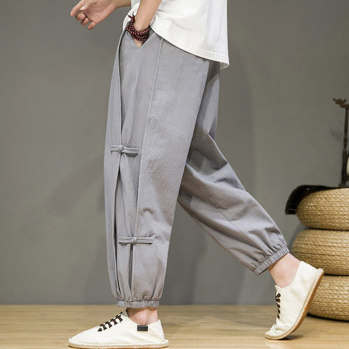 Pantaloni harem da uomo in cotone e lino con tasche, modello Buddha Stones, vintage, con coulisse e bottoni cinesi a forma di rana. - image 23