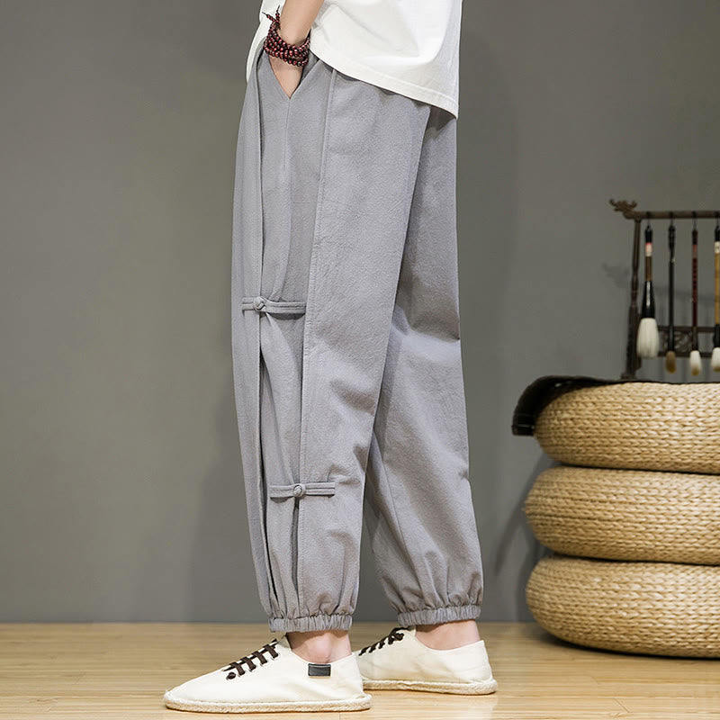 Pantaloni harem da uomo in cotone e lino con tasche, modello Buddha Stones, vintage, con coulisse e bottoni cinesi a forma di rana. - image 25