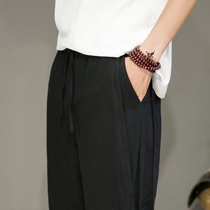 Pantaloni harem da uomo in cotone e lino con tasche, modello Buddha Stones, vintage, con coulisse e bottoni cinesi a forma di rana. - image 16