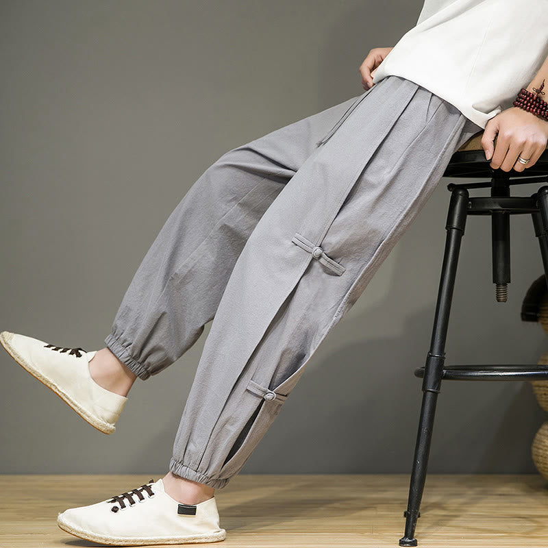 Pantaloni harem da uomo in cotone e lino con tasche, modello Buddha Stones, vintage, con coulisse e bottoni cinesi a forma di rana. - Argento - US/UK/AU46, EU56 (5XL) - image 19