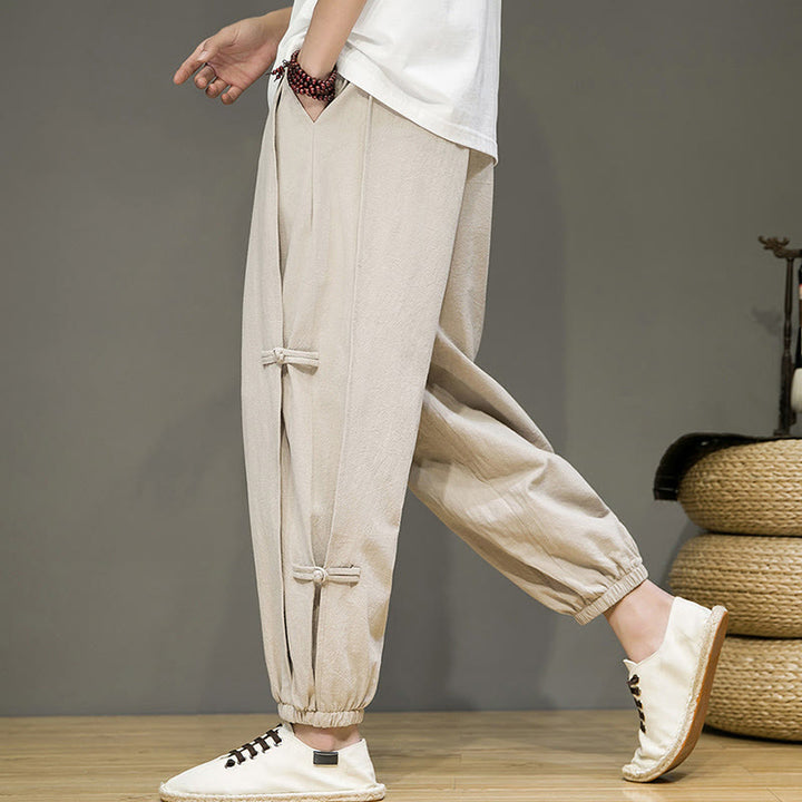 Pantaloni harem da uomo in cotone e lino con tasche, modello Buddha Stones, vintage, con coulisse e bottoni cinesi a forma di rana. - image 3