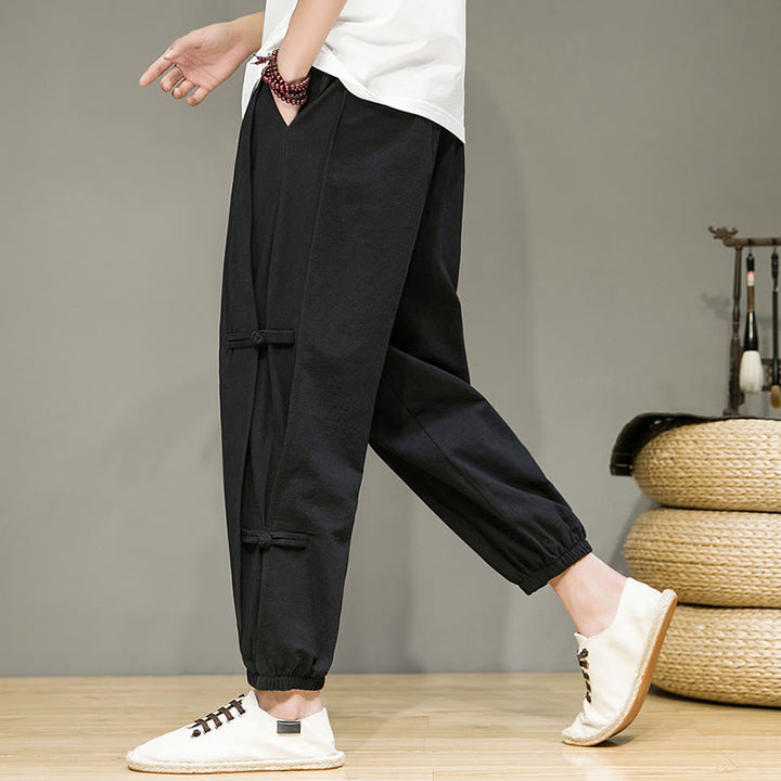 Pantaloni harem da uomo in cotone e lino con tasche, modello Buddha Stones, vintage, con coulisse e bottoni cinesi a forma di rana. - image 12