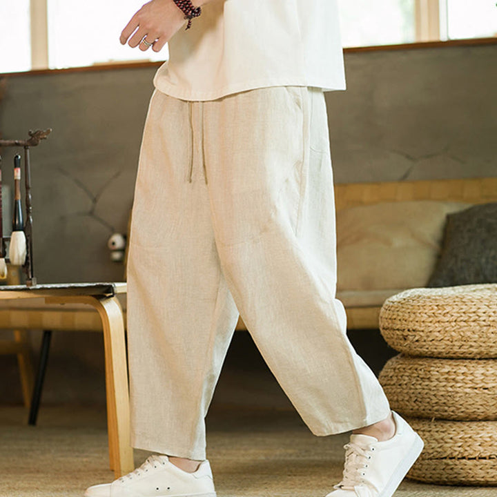 Pantaloni harem da uomo in lino con elastico in vita, con coulisse, stile casual retrò, tinta unita, stile semplice, con tasche , Buddha Stones