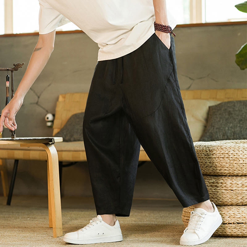 Pantaloni harem da uomo in lino con elastico in vita, con coulisse, stile casual retrò, tinta unita, stile semplice, con tasche , Buddha Stones
