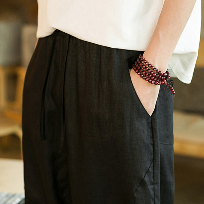 Pantaloni harem da uomo in lino con elastico in vita, con coulisse, stile casual retrò, tinta unita, stile semplice, con tasche , Buddha Stones