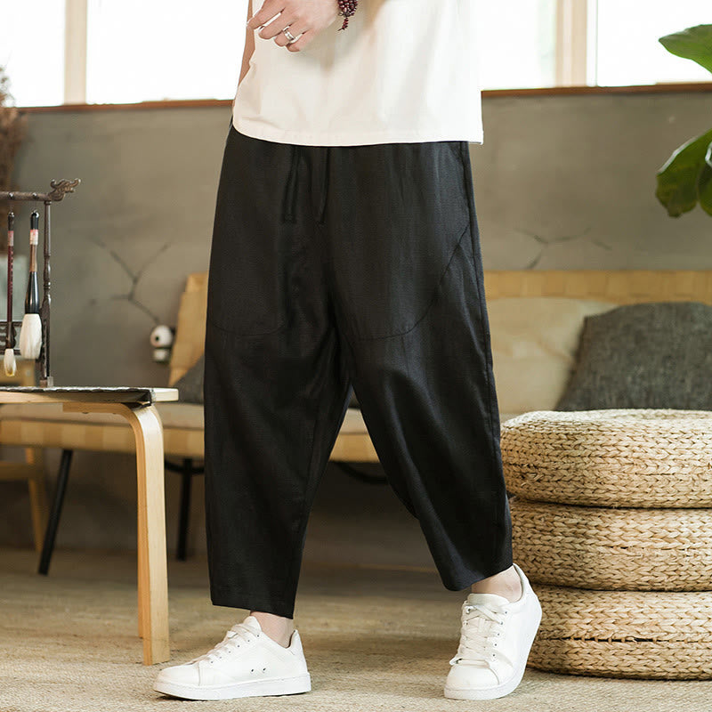 Pantaloni harem da uomo in lino con elastico in vita, con coulisse, stile casual retrò, tinta unita, stile semplice, con tasche , Buddha Stones
