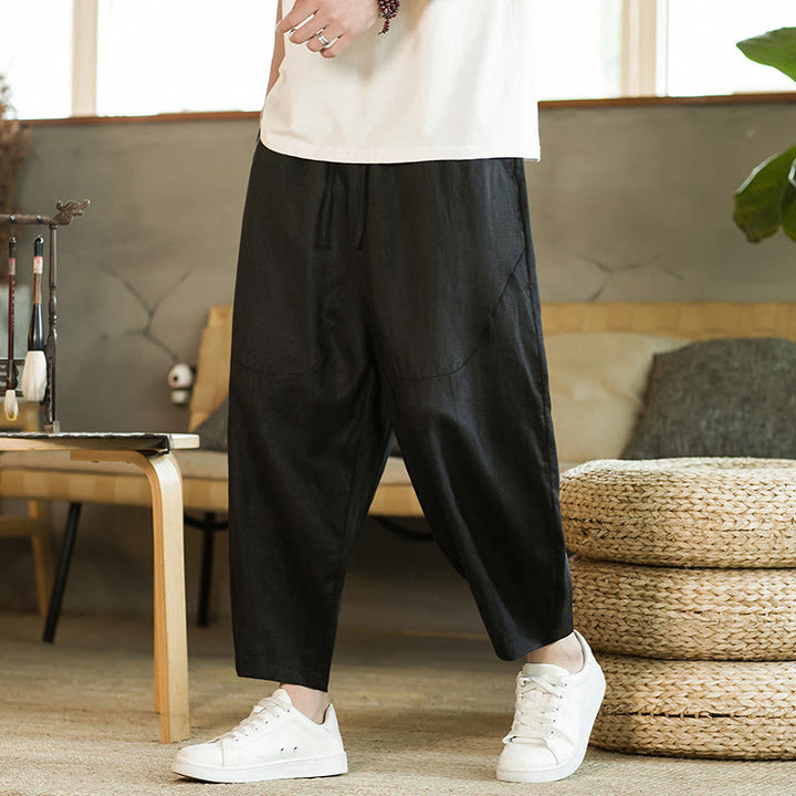 Pantaloni harem da uomo in lino con elastico in vita, con coulisse, stile casual retrò, tinta unita, stile semplice, con tasche , Buddha Stones