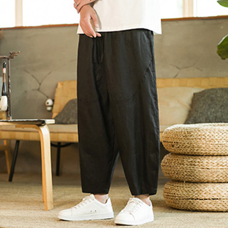 Pantaloni harem da uomo in lino con elastico in vita, con coulisse, stile casual retrò, tinta unita, stile semplice, con tasche , Buddha Stones