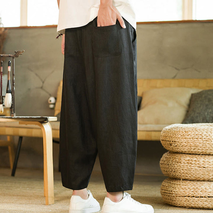 Pantaloni harem da uomo in lino con elastico in vita, con coulisse, stile casual retrò, tinta unita, stile semplice, con tasche , Buddha Stones