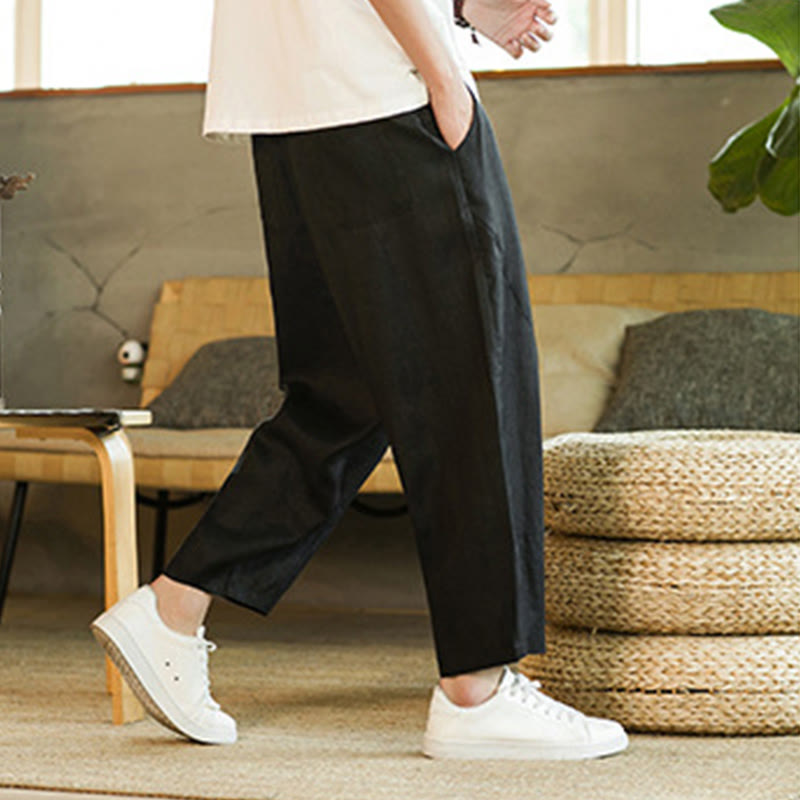 Pantaloni harem da uomo in lino con elastico in vita, con coulisse, stile casual retrò, tinta unita, stile semplice, con tasche , Buddha Stones