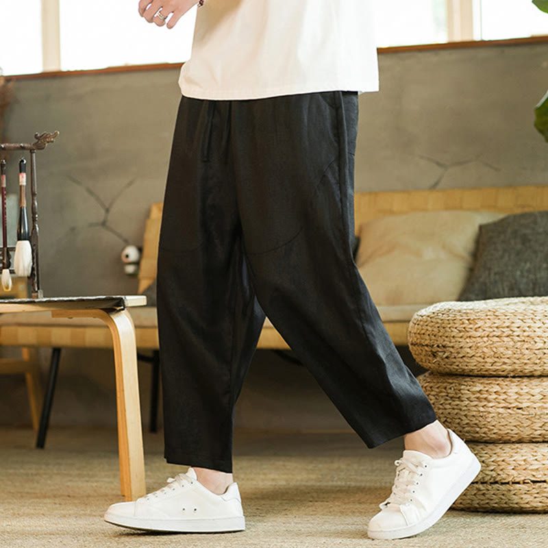 Pantaloni harem da uomo in lino con elastico in vita, con coulisse, stile casual retrò, tinta unita, stile semplice, con tasche , Buddha Stones