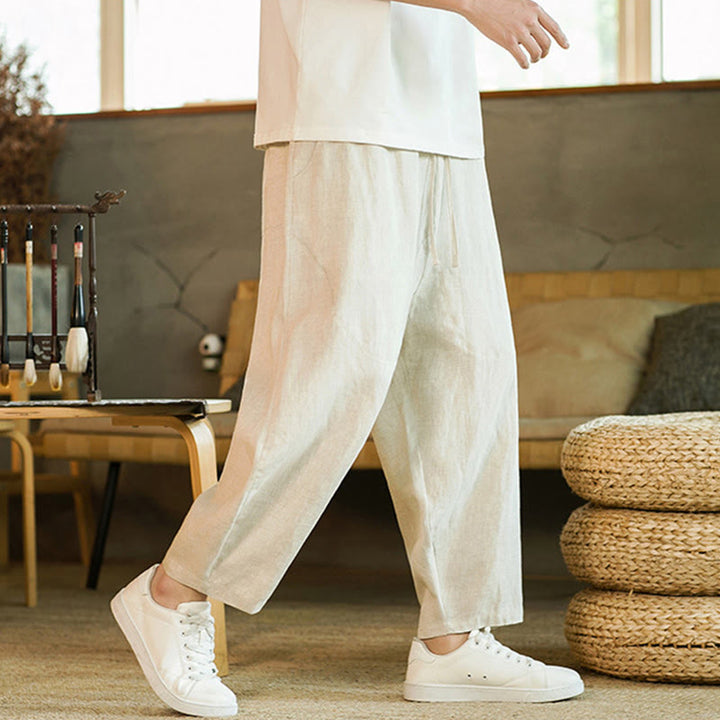 Pantaloni harem da uomo in lino con elastico in vita, con coulisse, stile casual retrò, tinta unita, stile semplice, con tasche , Buddha Stones