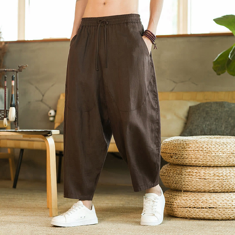 Pantaloni harem da uomo in lino con elastico in vita, con coulisse, stile casual retrò, tinta unita, stile semplice, con tasche , Buddha Stones