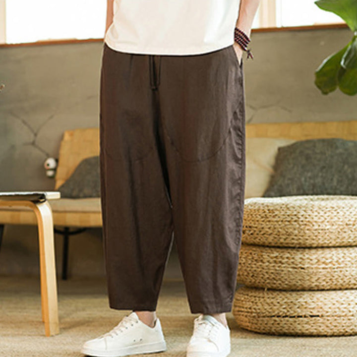 Pantaloni harem da uomo in lino con elastico in vita, con coulisse, stile casual retrò, tinta unita, stile semplice, con tasche , Buddha Stones