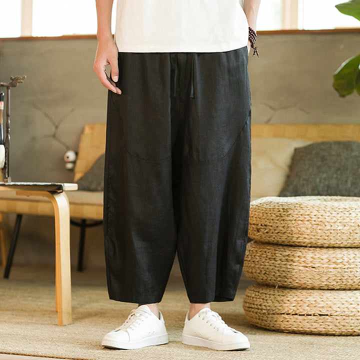 Pantaloni harem da uomo in lino con elastico in vita, con coulisse, stile casual retrò, tinta unita, stile semplice, con tasche , Buddha Stones