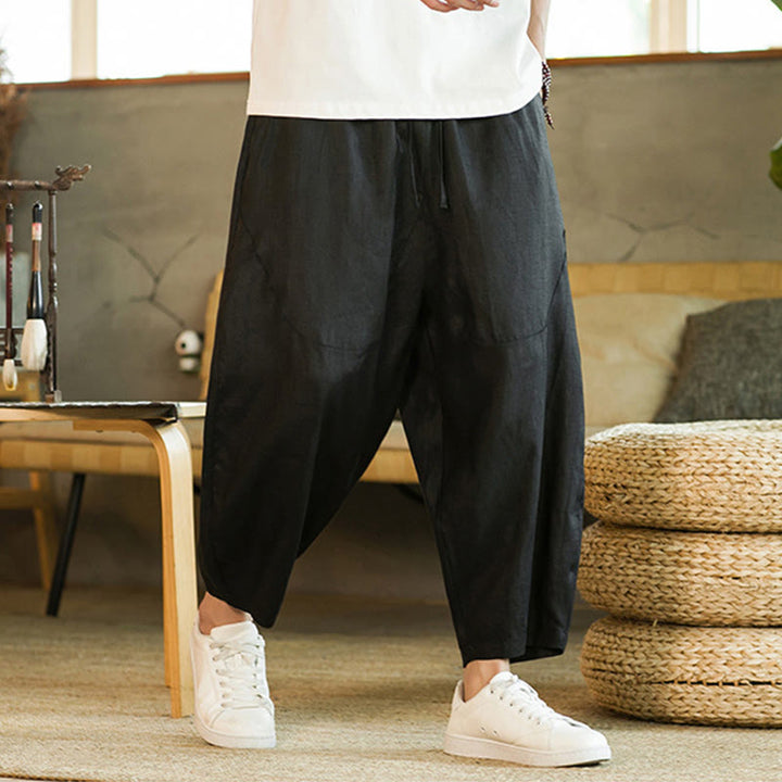 Pantaloni harem da uomo in lino con elastico in vita, con coulisse, stile casual retrò, tinta unita, stile semplice, con tasche , Buddha Stones