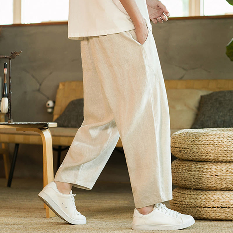 Pantaloni harem da uomo in lino con elastico in vita, con coulisse, stile casual retrò, tinta unita, stile semplice, con tasche , Buddha Stones