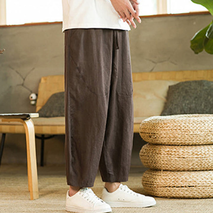 Pantaloni harem da uomo in lino con elastico in vita, con coulisse, stile casual retrò, tinta unita, stile semplice, con tasche , Buddha Stones