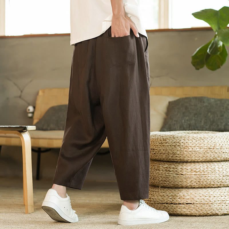 Pantaloni harem da uomo in lino con elastico in vita, con coulisse, stile casual retrò, tinta unita, stile semplice, con tasche , Buddha Stones