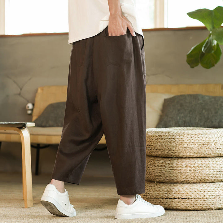 Pantaloni harem da uomo in lino con elastico in vita, con coulisse, stile casual retrò, tinta unita, stile semplice, con tasche , Buddha Stones