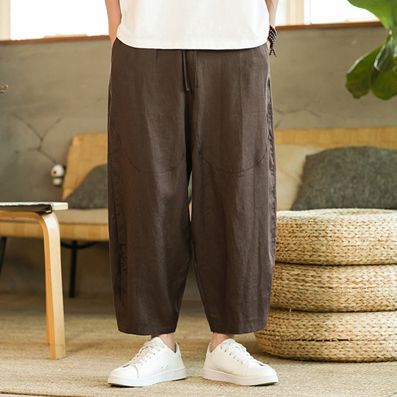 Pantaloni harem da uomo in lino con elastico in vita, con coulisse, stile casual retrò, tinta unita, stile semplice, con tasche , Buddha Stones