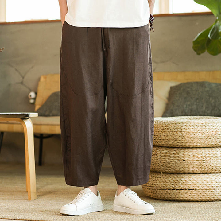 Pantaloni harem da uomo in lino con elastico in vita, con coulisse, stile casual retrò, tinta unita, stile semplice, con tasche , Buddha Stones