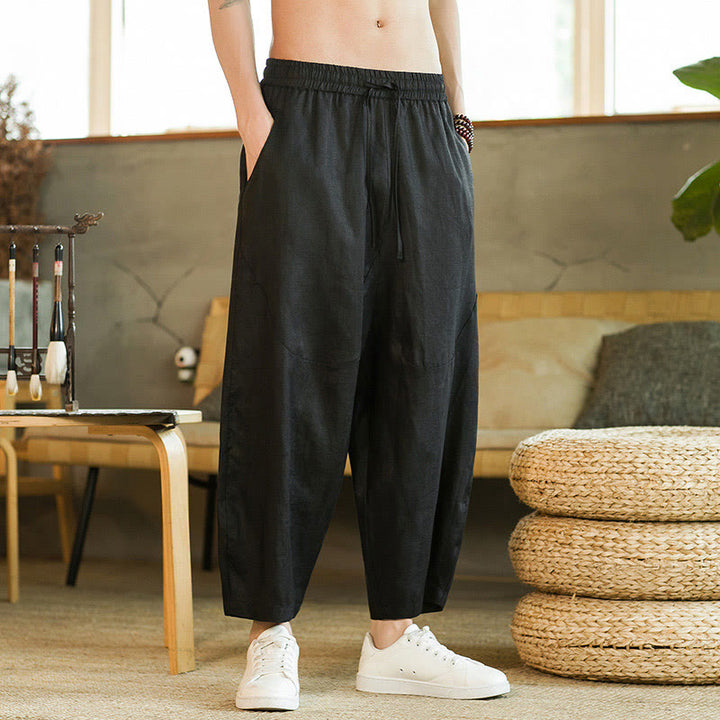 Pantaloni harem da uomo in lino con elastico in vita, con coulisse, stile casual retrò, tinta unita, stile semplice, con tasche , Buddha Stones