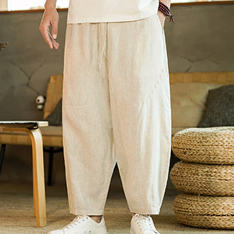 Pantaloni harem da uomo in lino con elastico in vita, con coulisse, stile casual retrò, tinta unita, stile semplice, con tasche , Buddha Stones
