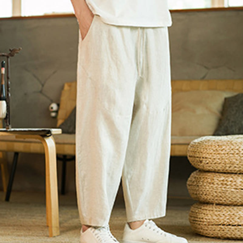 Pantaloni harem da uomo in lino con elastico in vita, con coulisse, stile casual retrò, tinta unita, stile semplice, con tasche , Buddha Stones