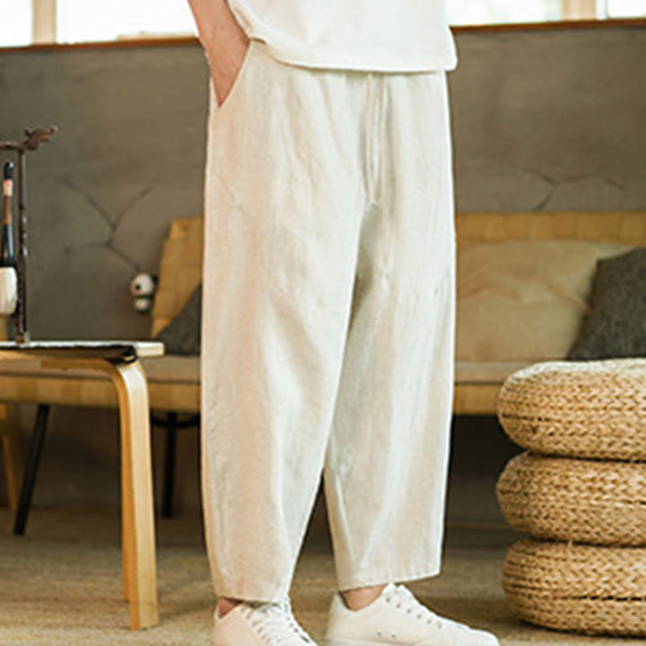 Pantaloni harem da uomo in lino con elastico in vita, con coulisse, stile casual retrò, tinta unita, stile semplice, con tasche , Buddha Stones