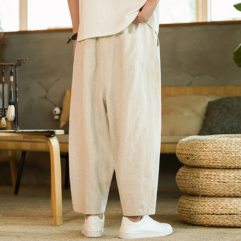 Pantaloni harem da uomo in lino con elastico in vita, con coulisse, stile casual retrò, tinta unita, stile semplice, con tasche , Buddha Stones