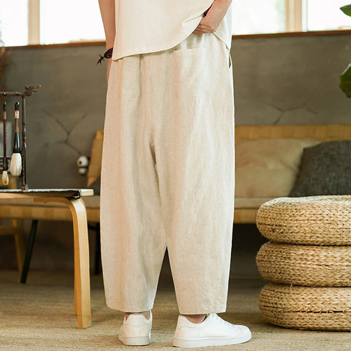 Pantaloni harem da uomo in lino con elastico in vita, con coulisse, stile casual retrò, tinta unita, stile semplice, con tasche , Buddha Stones