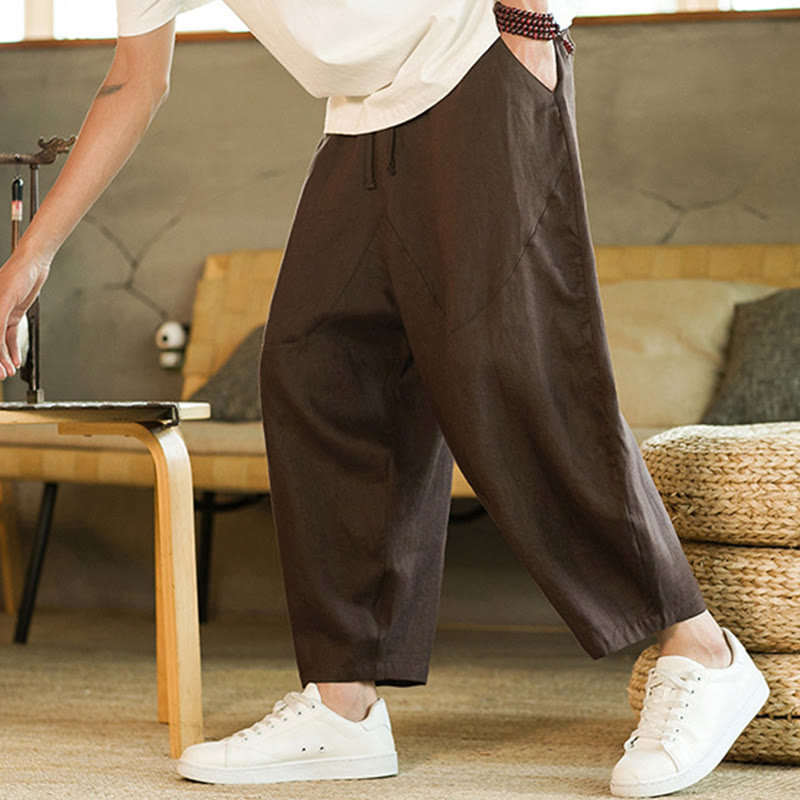 Pantaloni harem da uomo in lino con elastico in vita, con coulisse, stile casual retrò, tinta unita, stile semplice, con tasche , Buddha Stones
