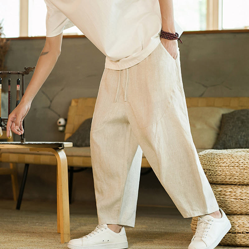 Pantaloni harem da uomo in lino con elastico in vita, con coulisse, stile casual retrò, tinta unita, stile semplice, con tasche , Buddha Stones