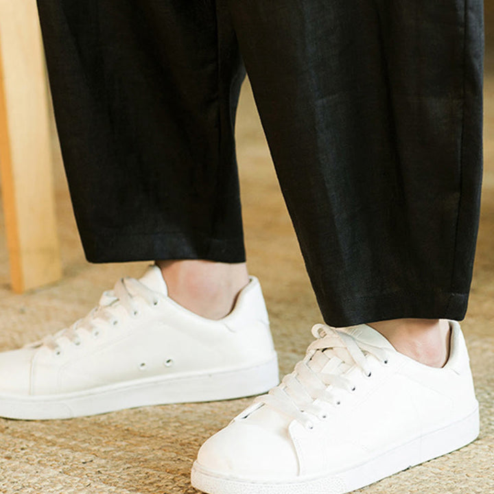 Pantaloni harem da uomo in lino con elastico in vita, con coulisse, stile casual retrò, tinta unita, stile semplice, con tasche , Buddha Stones