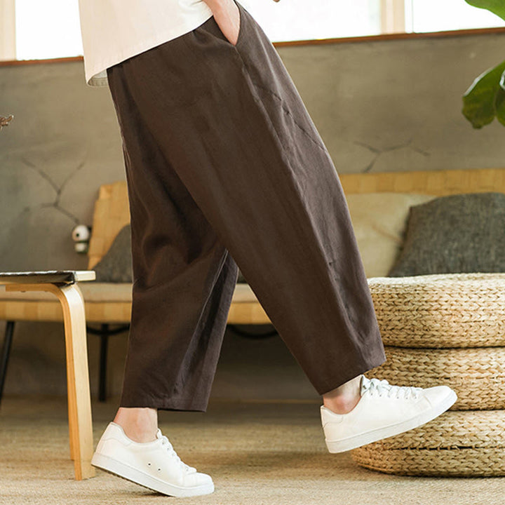 Pantaloni harem da uomo in lino con elastico in vita, con coulisse, stile casual retrò, tinta unita, stile semplice, con tasche , Buddha Stones