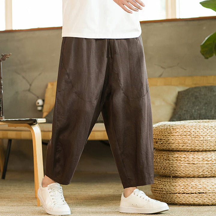 Pantaloni harem da uomo in lino con elastico in vita, con coulisse, stile casual retrò, tinta unita, stile semplice, con tasche , Buddha Stones