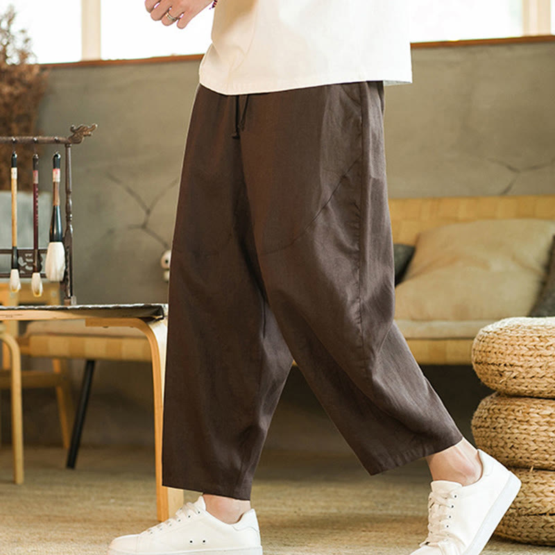 Pantaloni harem da uomo in lino con elastico in vita, con coulisse, stile casual retrò, tinta unita, stile semplice, con tasche , Buddha Stones