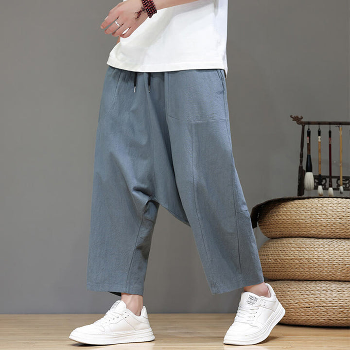 Pantaloni da uomo in cotone con elastico in vita, gamba larga, con coulisse, modello Buddha Stones, casual, tinta unita, cavallo basso, tasche