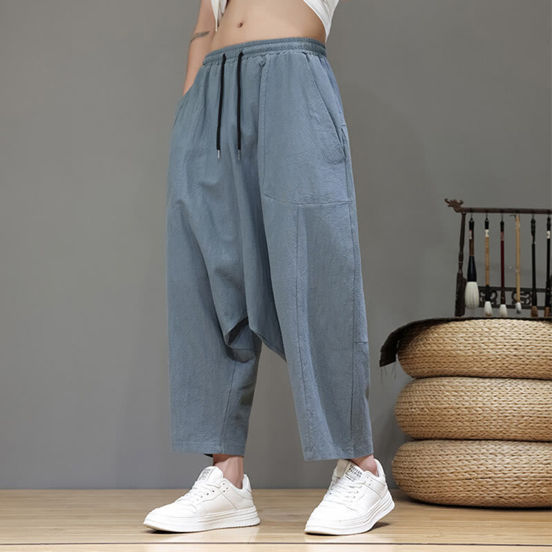 Pantaloni da uomo in cotone con elastico in vita, gamba larga, con coulisse, modello Buddha Stones, casual, tinta unita, cavallo basso, tasche