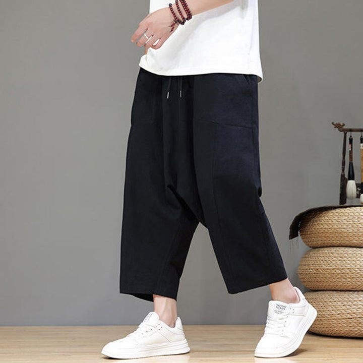 Pantaloni da uomo in cotone con elastico in vita, gamba larga, con coulisse, modello Buddha Stones, casual, tinta unita, cavallo basso, tasche