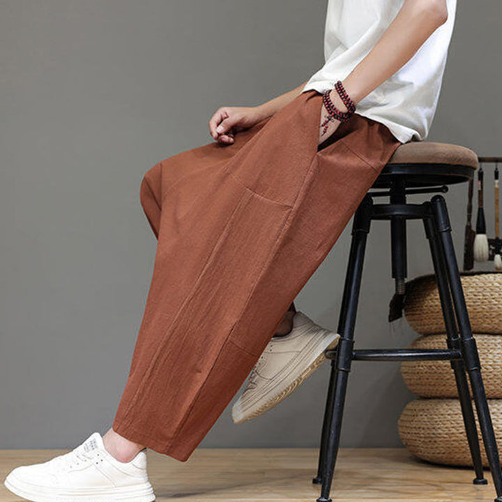 Pantaloni da uomo in cotone con elastico in vita, gamba larga, con coulisse, modello Buddha Stones, casual, tinta unita, cavallo basso, tasche