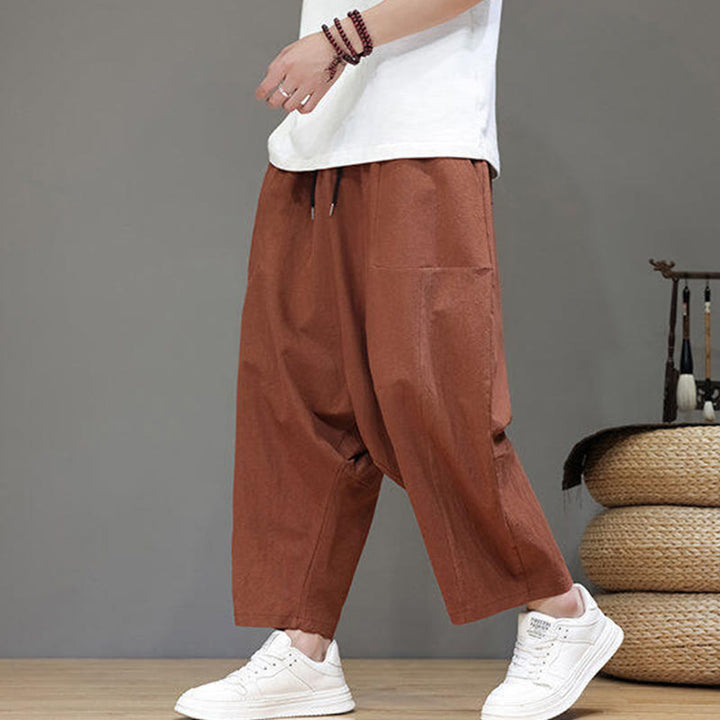 Pantaloni da uomo in cotone con elastico in vita, gamba larga, con coulisse, modello Buddha Stones, casual, tinta unita, cavallo basso, tasche