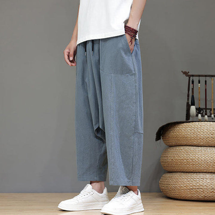Pantaloni da uomo in cotone con elastico in vita, gamba larga, con coulisse, modello Buddha Stones, casual, tinta unita, cavallo basso, tasche - image 5