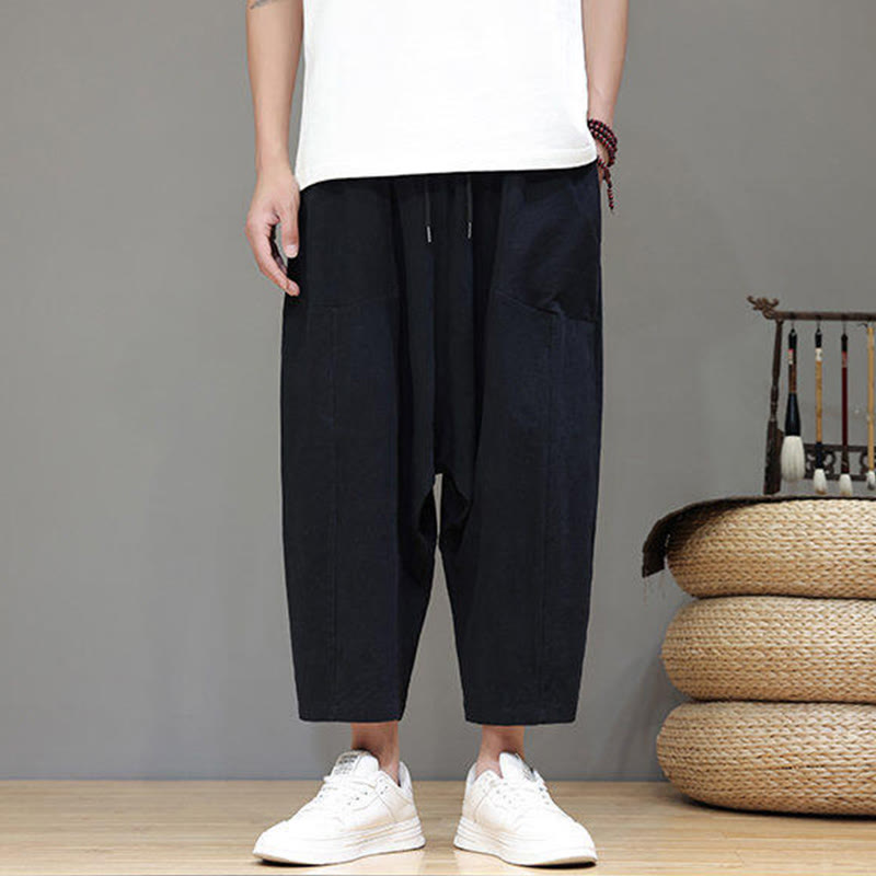 Pantaloni da uomo in cotone con elastico in vita, gamba larga, con coulisse, modello Buddha Stones, casual, tinta unita, cavallo basso, tasche - Nero - US/UK/AU46, EU56 (5XL) - image 14