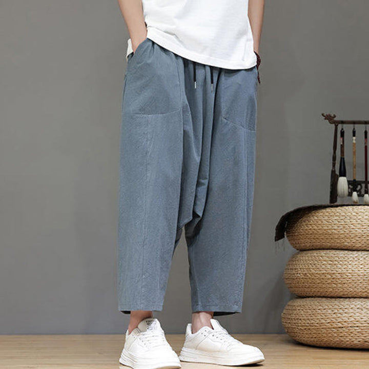 Pantaloni da uomo in cotone con elastico in vita, gamba larga, con coulisse, modello Buddha Stones, casual, tinta unita, cavallo basso, tasche