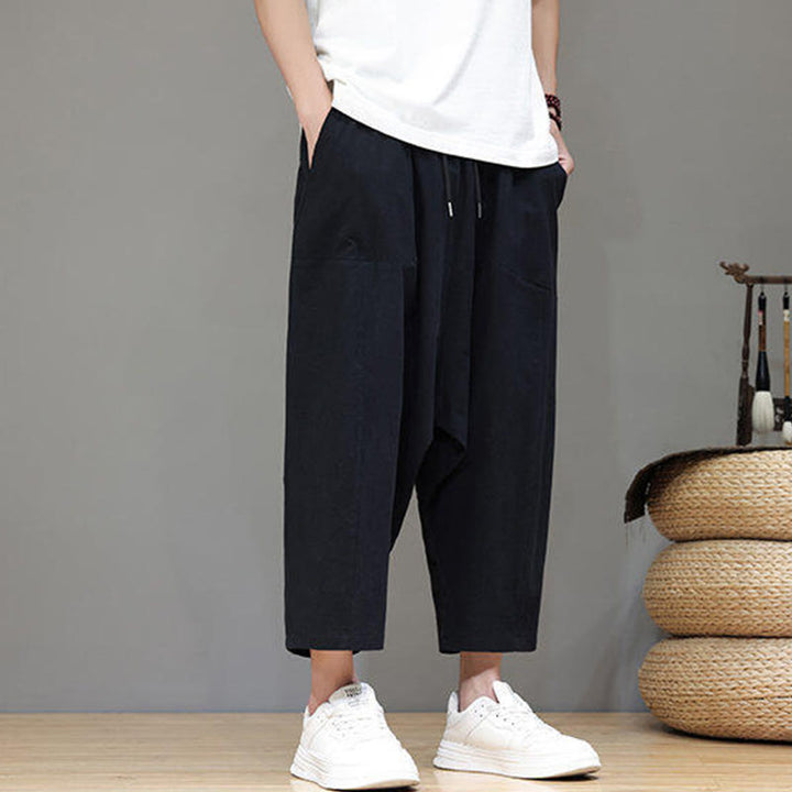 Pantaloni da uomo in cotone con elastico in vita, gamba larga, con coulisse, modello Buddha Stones, casual, tinta unita, cavallo basso, tasche