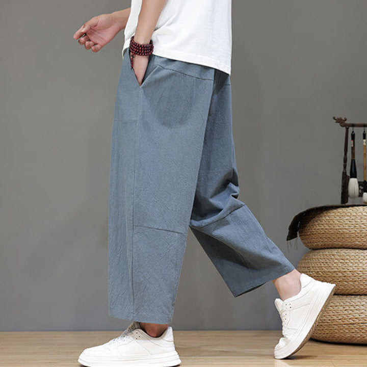 Pantaloni da uomo in cotone con elastico in vita, gamba larga, con coulisse, modello Buddha Stones, casual, tinta unita, cavallo basso, tasche - image 6